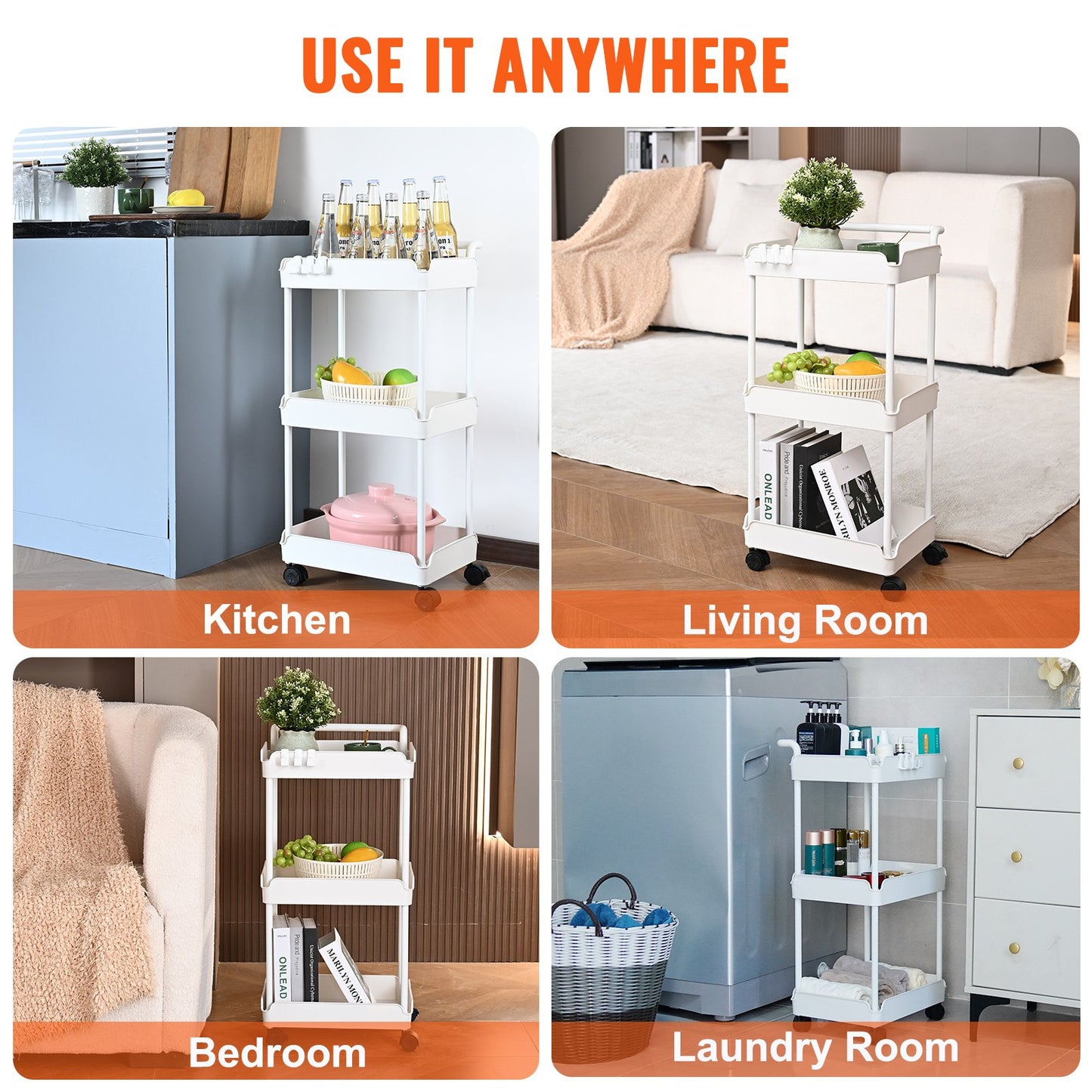 3-Tier Rolling Utility Cart, Kitchen Cart with Lockable Wheels, Multi-Functional Storage Trolley with Handle for Office, Living Room, Kitchen, Movable Storage Basket Organizer Shelves, White