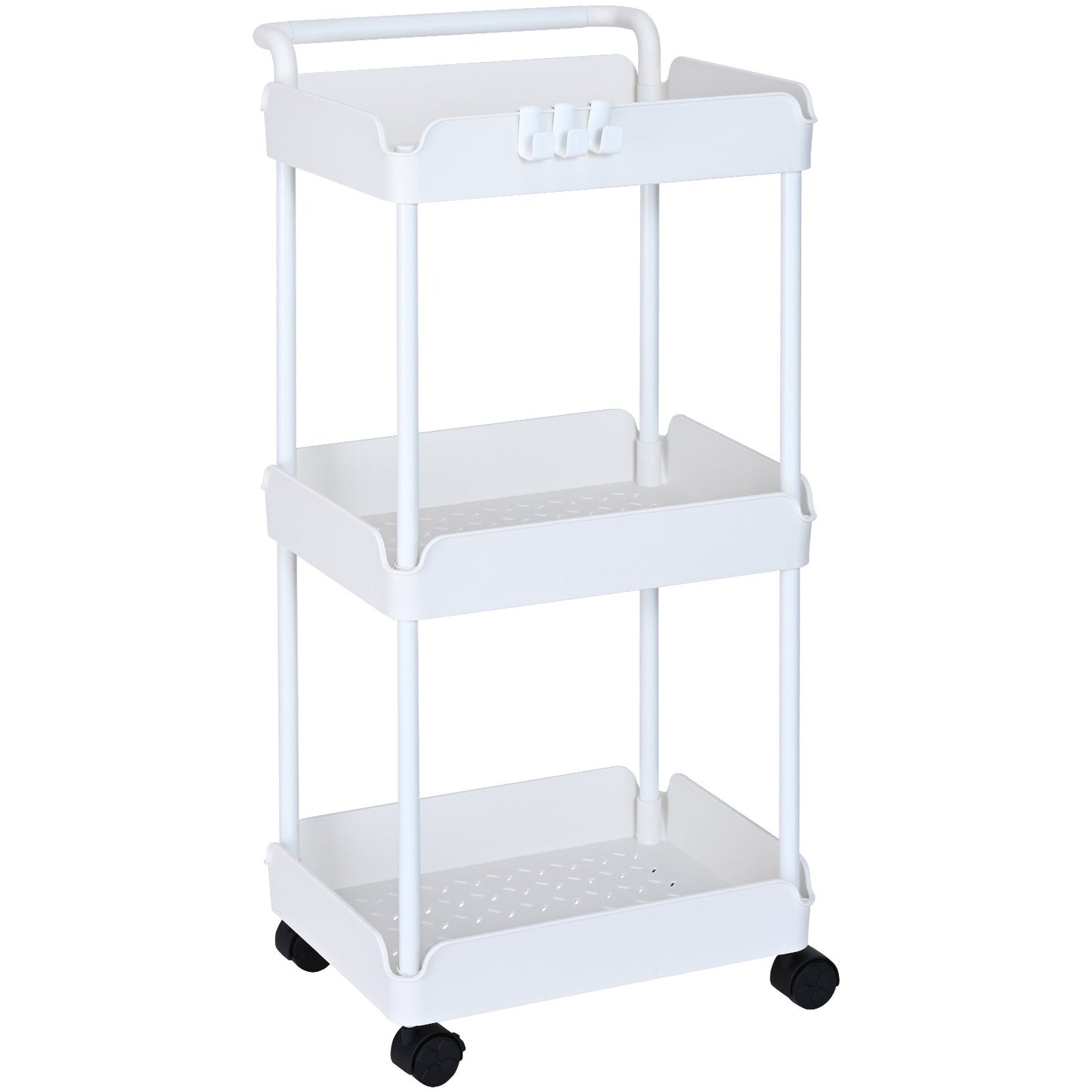 3-Tier Rolling Utility Cart, Kitchen Cart with Lockable Wheels, Multi-Functional Storage Trolley with Handle for Office, Living Room, Kitchen, Movable Storage Basket Organizer Shelves, White