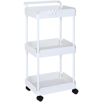 3-Tier Rolling Utility Cart, Kitchen Cart with Lockable Wheels, Multi-Functional Storage Trolley with Handle for Office, Living Room, Kitchen, Movable Storage Basket Organizer Shelves, White