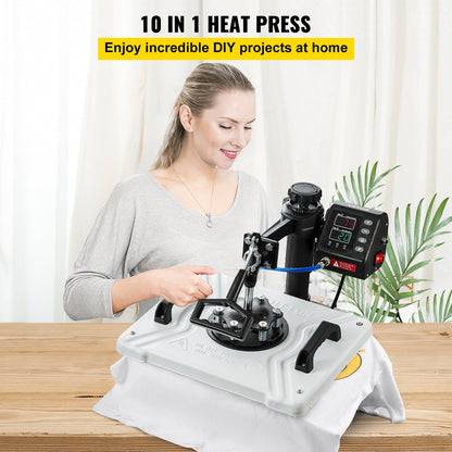 10-in-1-Heißpresse (30,5 x 38,1 cm), 1000 W, 360°-Schwenkarm, weiße Ausführung, geeignet für T-Shirt-Sublimation, Stifte, Kappen, Tassen und Shirts. Zweirohr-Heizung.
