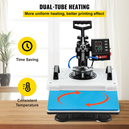 10-in-1-Heißpresse (30,5 x 38,1 cm), 1000 W, 360°-Schwenkarm, weiße Ausführung, geeignet für T-Shirt-Sublimation, Stifte, Kappen, Tassen und Shirts. Zweirohr-Heizung.