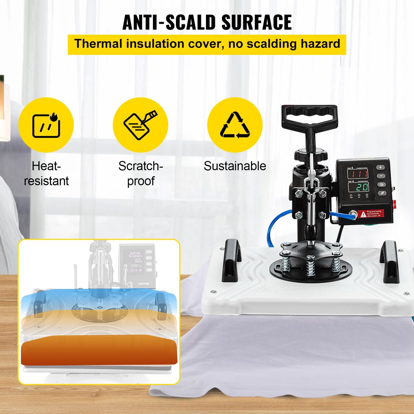 10-in-1-Heißpresse (30,5 x 38,1 cm), 1000 W, 360°-Schwenkarm, weiße Ausführung, geeignet für T-Shirt-Sublimation, Stifte, Kappen, Tassen und Shirts. Zweirohr-Heizung.