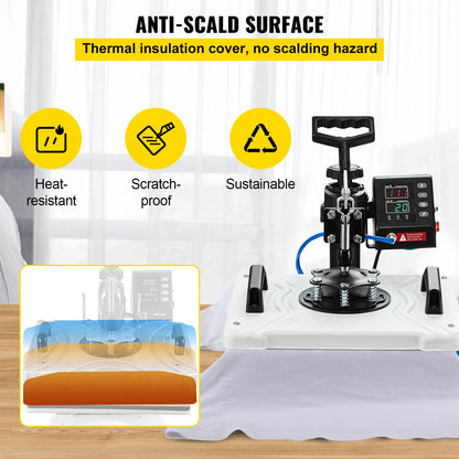 10-in-1-Heißpresse (30,5 x 38,1 cm), 1000 W, 360°-Schwenkarm, weiße Ausführung, geeignet für T-Shirt-Sublimation, Stifte, Kappen, Tassen und Shirts. Zweirohr-Heizung.