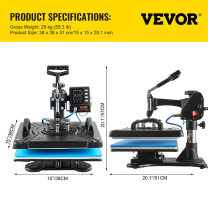 10-in-1-Heißpresse (30,5 x 38,1 cm), 1000 W, 360°-Drehfunktion, Schwarz, für T-Shirt-Sublimation, Doppelrohrheizung, geeignet für Stifte, Kappen, Tassen und T-Shirts.