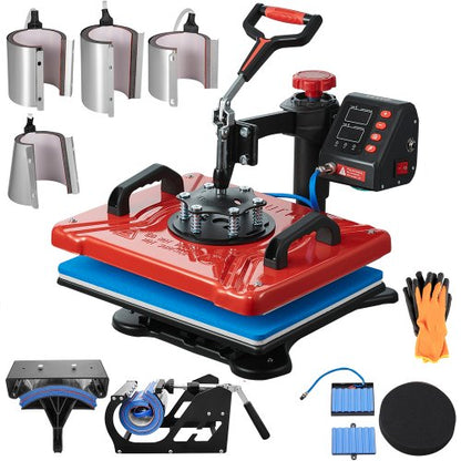 10-in-1-Heißpresse (30,5 x 38,1 cm), 1000 W, 360°-Drehung, Schwenkarm, rot, für T-Shirt-Sublimation, Doppelrohrheizung, ideal für Stifte, Kappen, Tassen und Shirts.