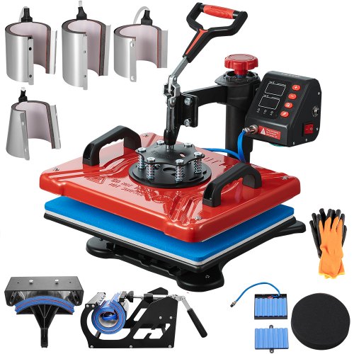 10-in-1-Heißpresse (30,5 x 38,1 cm), 1000 W, 360°-Drehung, Schwenkarm, rot, für T-Shirt-Sublimation, Doppelrohrheizung, ideal für Stifte, Kappen, Tassen und Shirts.