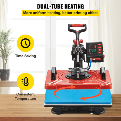 10-in-1-Heißpresse (30,5 x 38,1 cm), 1000 W, 360°-Drehung, Schwenkarm, rot, für T-Shirt-Sublimation, Doppelrohrheizung, ideal für Stifte, Kappen, Tassen und Shirts.
