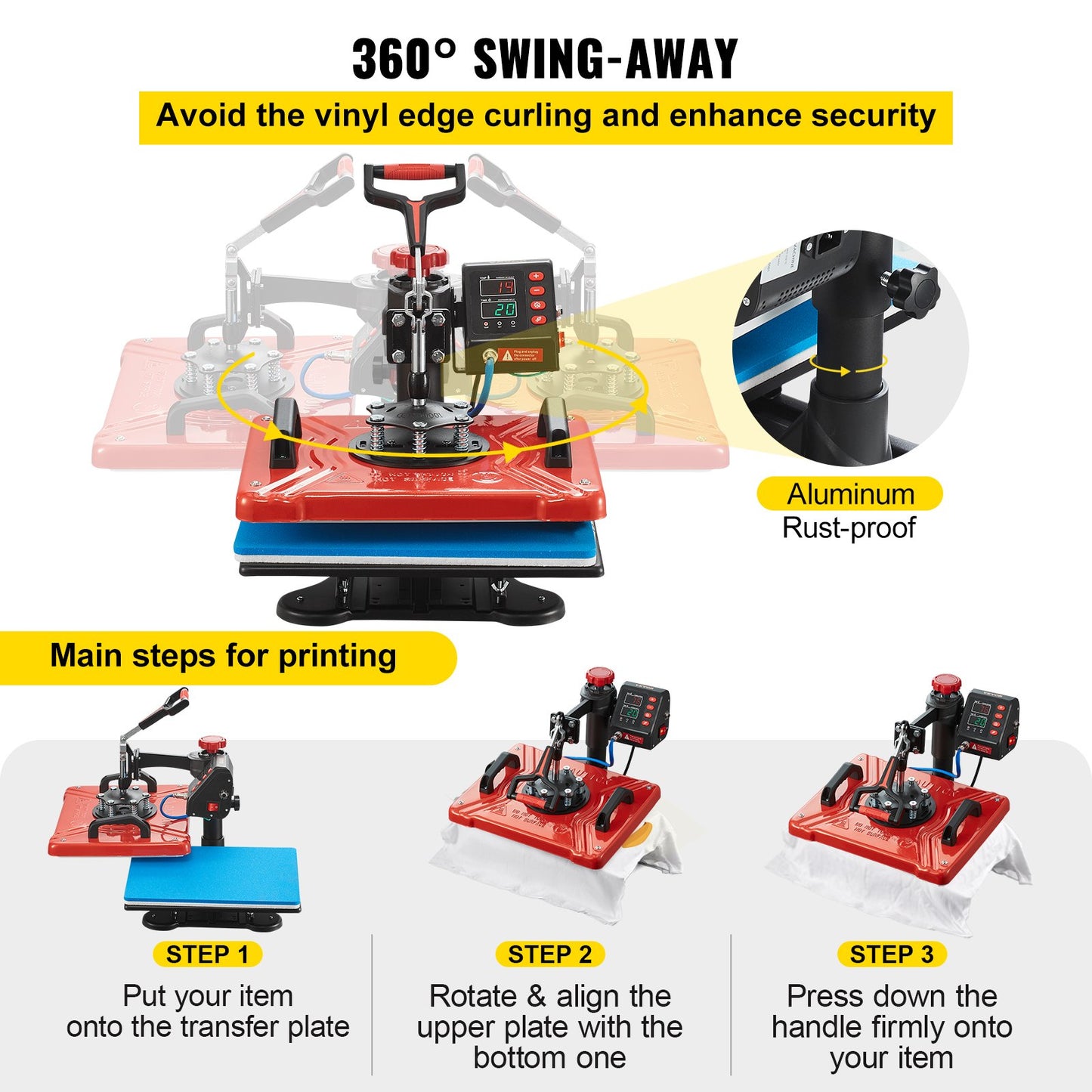 10-in-1-Heißpresse (30,5 x 38,1 cm), 1000 W, 360°-Drehung, Schwenkarm, rot, für T-Shirt-Sublimation, Doppelrohrheizung, ideal für Stifte, Kappen, Tassen und Shirts.