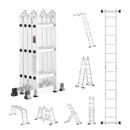 Multi-Purpose Folding Ladder, 7-in-1 Tall Step Ladder, A Frame 3 Step Adjustable Telescoping Ladder, 12ft Reach Height Heavy Duty Extension Ladder, 330 lbs Capacity for Household Outdoor Work