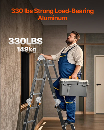 Mehrzweck-Klappleiter, 7-in-1-Ausziehleiter, 3-stufige A-Rahmen-Teleskopleiter mit Gerüstbohlen, 3,66 m Ausladung, robuste Leiter, Tragkraft 150 kg, für Haus und Garten