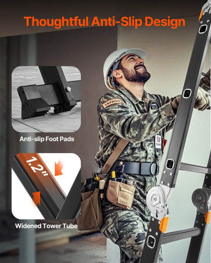 Mehrzweck-Klappleiter, 7-in-1-Ausziehleiter, 3-stufige A-Rahmen-Teleskopleiter mit Gerüstbohlen, 3,66 m Ausladung, robuste Leiter, Tragkraft 150 kg, für Haus und Garten