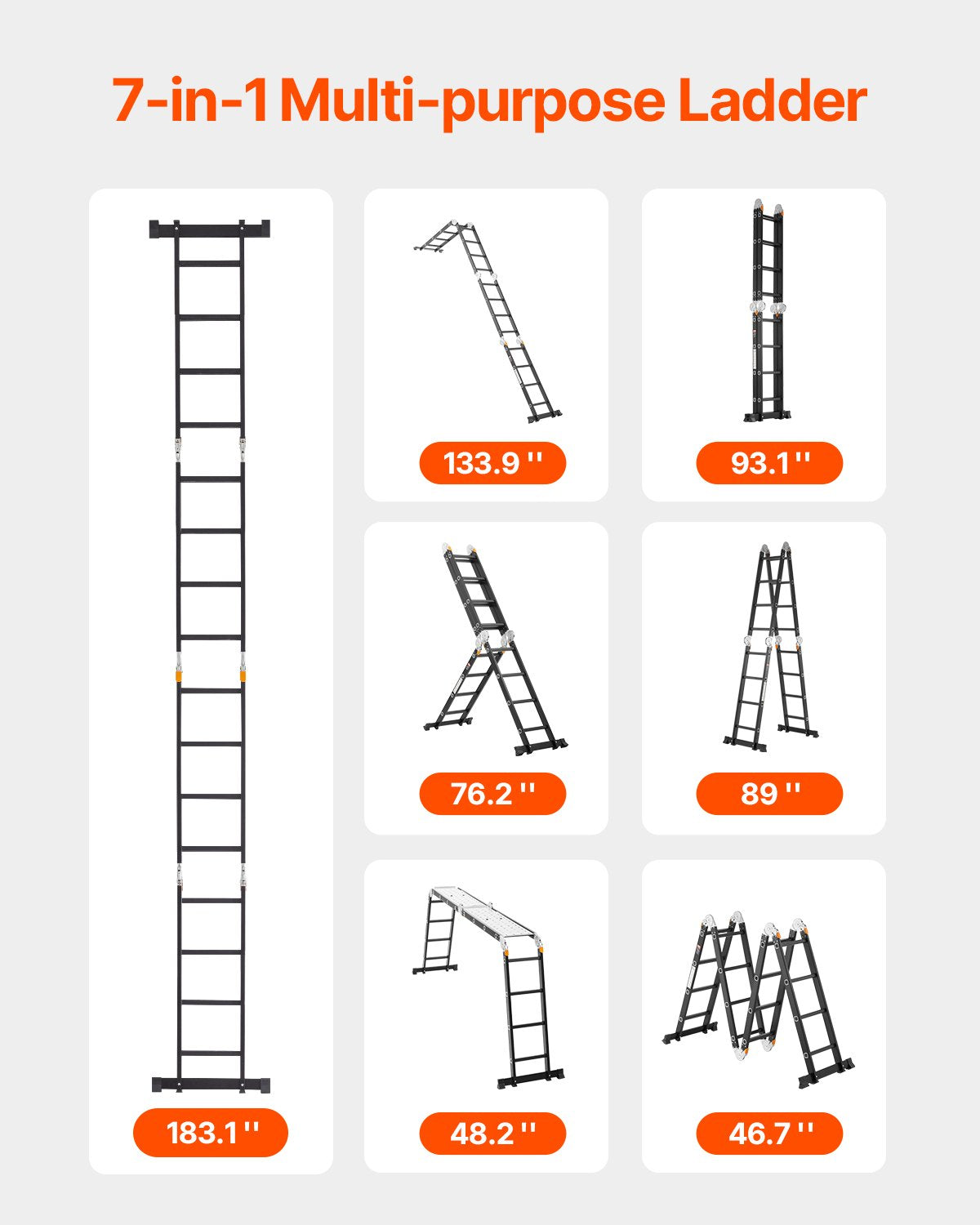 Multi-Purpose Folding Ladder, 7-in-1 Tall Extension Step Ladder, A Frame 4 Step with Scaffolding Plank Telescoping Ladder, 15.5ft Reach Height Heavy Duty , 330 lbs Capacity for Home Outdoor