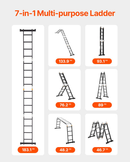 Multi-Purpose Folding Ladder, 7-in-1 Tall Extension Step Ladder, A Frame 4 Step with Scaffolding Plank Telescoping Ladder, 15.5ft Reach Height Heavy Duty , 330 lbs Capacity for Home Outdoor