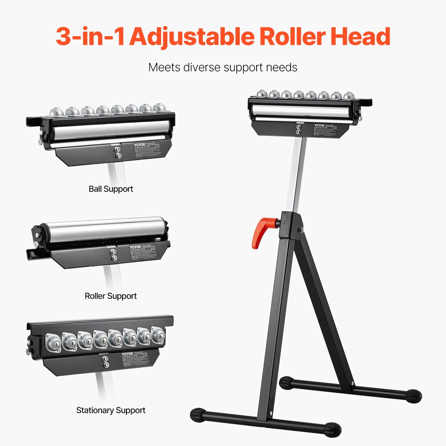 Rollenständer, Tragkraft 136 kg, höhenverstellbar von 68 bis 108 cm, klappbar, robust, mit poliertem, multidirektionalem 29,2 cm Rollenkopf, zur Verlängerung des Auslaufs von Tischkreissägen für die Holzbearbeitung.