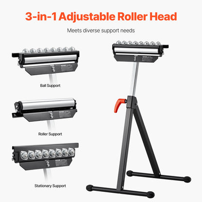 Rollenständer, Tragkraft 136 kg, höhenverstellbar von 68 bis 108 cm, klappbar, robust, mit poliertem, multidirektionalem 29,2 cm Rollenkopf, zur Verlängerung des Auslaufs von Tischkreissägen für die Holzbearbeitung.