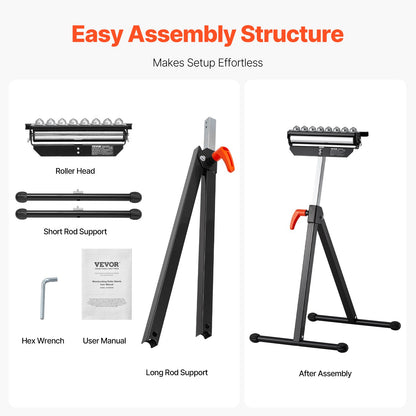 Rollenständer, Tragkraft 136 kg, höhenverstellbar von 68 bis 108 cm, klappbar, robust, mit poliertem, multidirektionalem 29,2 cm Rollenkopf, zur Verlängerung des Auslaufs von Tischkreissägen für die Holzbearbeitung.
