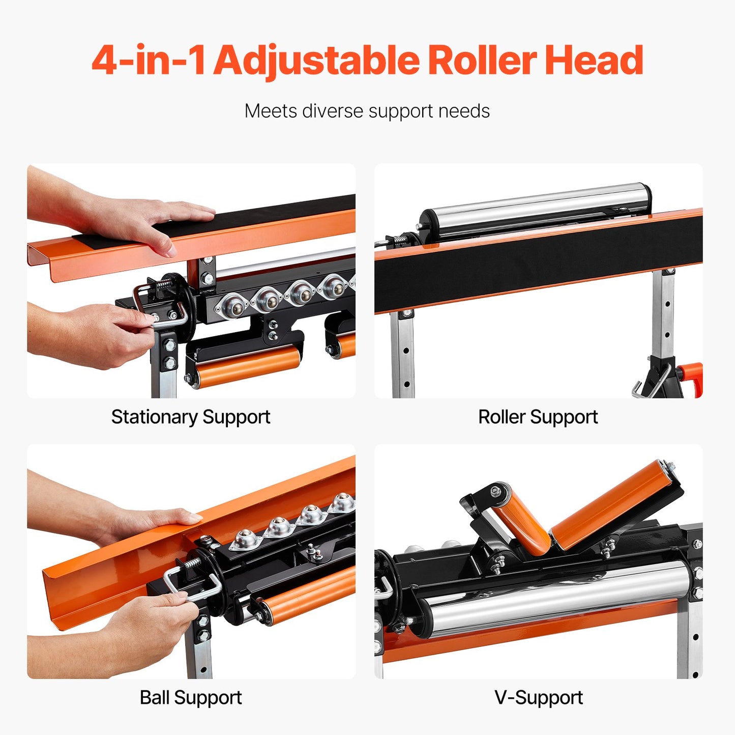 4-in-1-Rollenständer, Tragkraft 200 kg, höhenverstellbar von 84 bis 127 cm, klappbar, robust, mit Ablage und poliertem, multidirektionalem Rollenkopf, zur Verlängerung des Auslaufs von Tischkreissägen für die Holzbearbeitung.