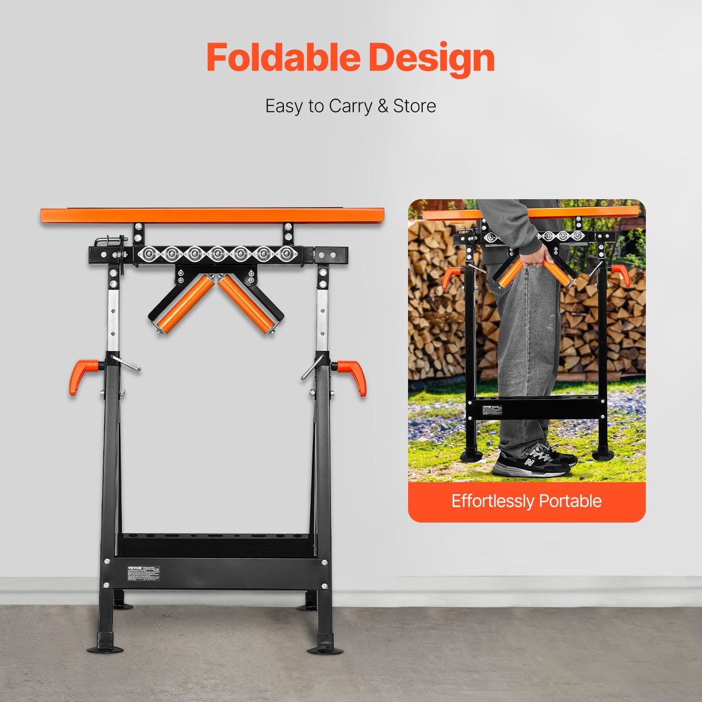 4-in-1-Rollenständer, Tragkraft 200 kg, höhenverstellbar von 84 bis 127 cm, klappbar, robust, mit Ablage und poliertem, multidirektionalem Rollenkopf, zur Verlängerung des Auslaufs von Tischkreissägen für die Holzbearbeitung.