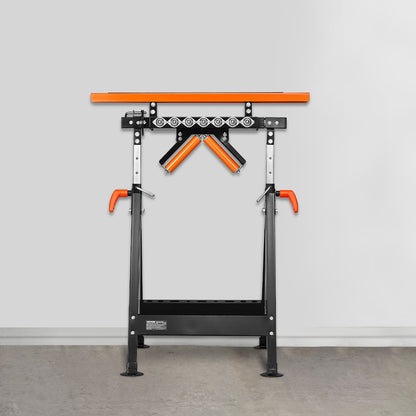 4-in-1-Rollenständer, Tragkraft 200 kg, höhenverstellbar von 84 bis 127 cm, klappbar, robust, mit Ablage und poliertem, multidirektionalem Rollenkopf, zur Verlängerung des Auslaufs von Tischkreissägen für die Holzbearbeitung.