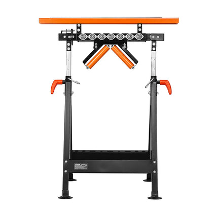 4-in-1-Rollenständer, Tragkraft 200 kg, höhenverstellbar von 84 bis 127 cm, klappbar, robust, mit Ablage und poliertem, multidirektionalem Rollenkopf, zur Verlängerung des Auslaufs von Tischkreissägen für die Holzbearbeitung.