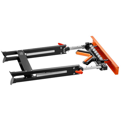 4-in-1-Rollenständer, Tragkraft 200 kg, höhenverstellbar von 84 bis 127 cm, klappbar, robust, mit Ablage und poliertem, multidirektionalem Rollenkopf, zur Verlängerung des Auslaufs von Tischkreissägen für die Holzbearbeitung.