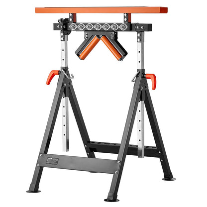 4-in-1-Rollenständer, Tragkraft 200 kg, höhenverstellbar von 84 bis 127 cm, klappbar, robust, mit Ablage und poliertem, multidirektionalem Rollenkopf, zur Verlängerung des Auslaufs von Tischkreissägen für die Holzbearbeitung.