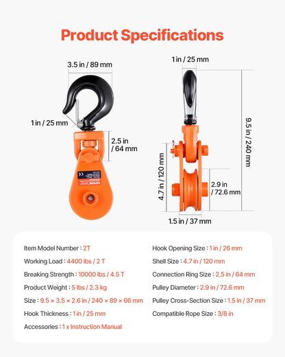 2 Ton Snatch Block with Swivel Hook, 3" Sheave 3/8" Inch Wire Rope, Heavy Duty Snatch Block Pulley 4400 lbs for Towing and Recovery operations on Tow Truck Rollback Wrecker Car Hauler Winches