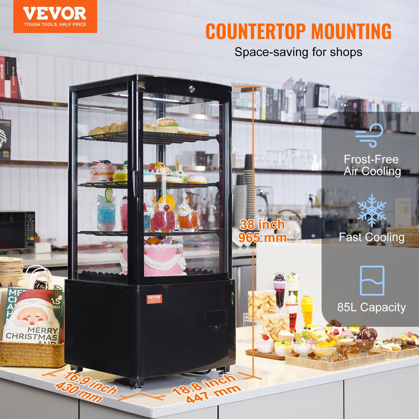 Refrigerated Display Case, 3 Cu.Ft/85L, 3-Tier, Countertop Pastry Display Case Commercial Display Refrigerator with LED Lighting, TURBO Cooling, Frost-Free Air-Cooling, Locked Door for Bakery