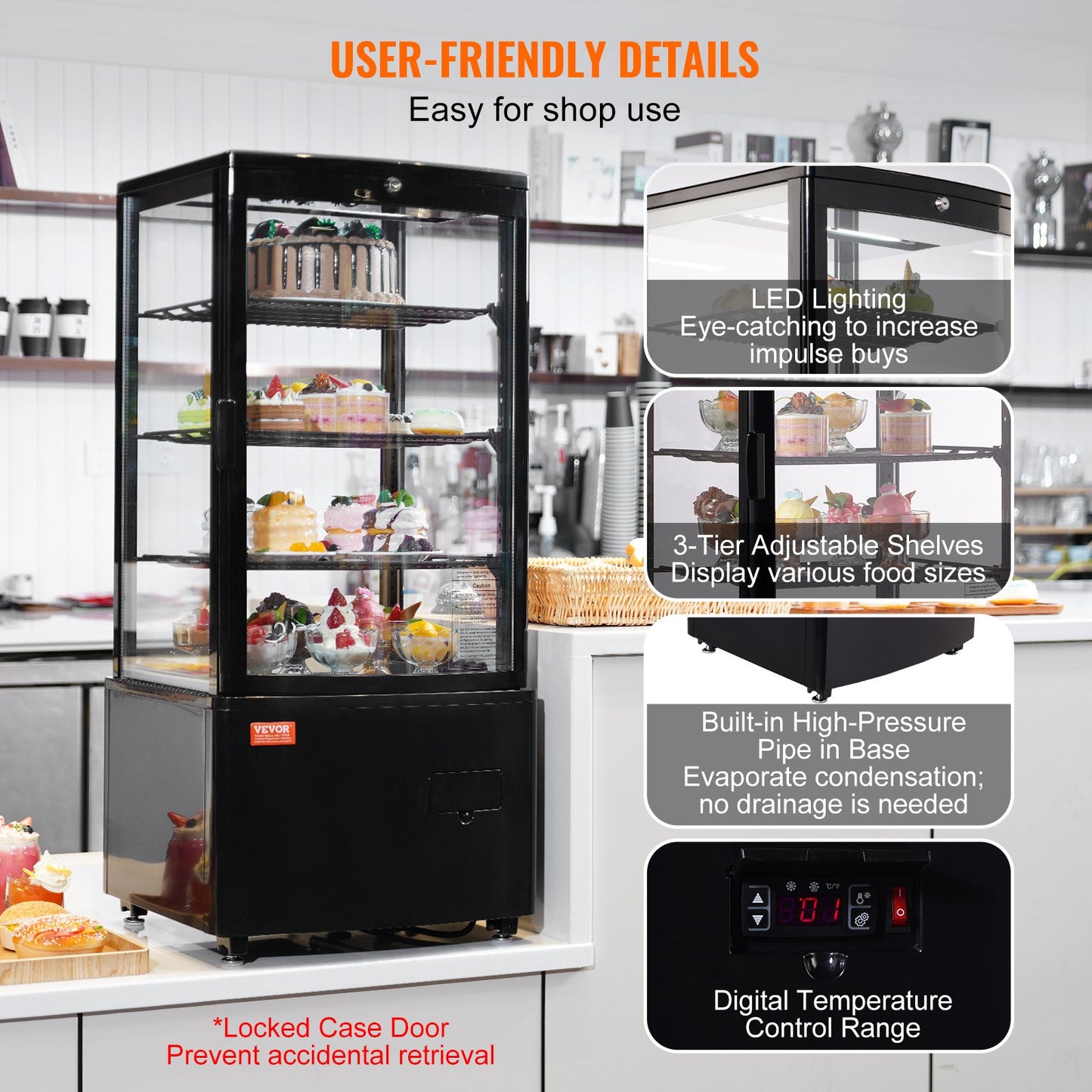 Refrigerated Display Case, 3 Cu.Ft/85L, 3-Tier, Countertop Pastry Display Case Commercial Display Refrigerator with LED Lighting, TURBO Cooling, Frost-Free Air-Cooling, Locked Door for Bakery