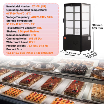 Refrigerated Display Case, 3 Cu.Ft/85L, 3-Tier, Countertop Pastry Display Case Commercial Display Refrigerator with LED Lighting, TURBO Cooling, Frost-Free Air-Cooling, Locked Door for Bakery