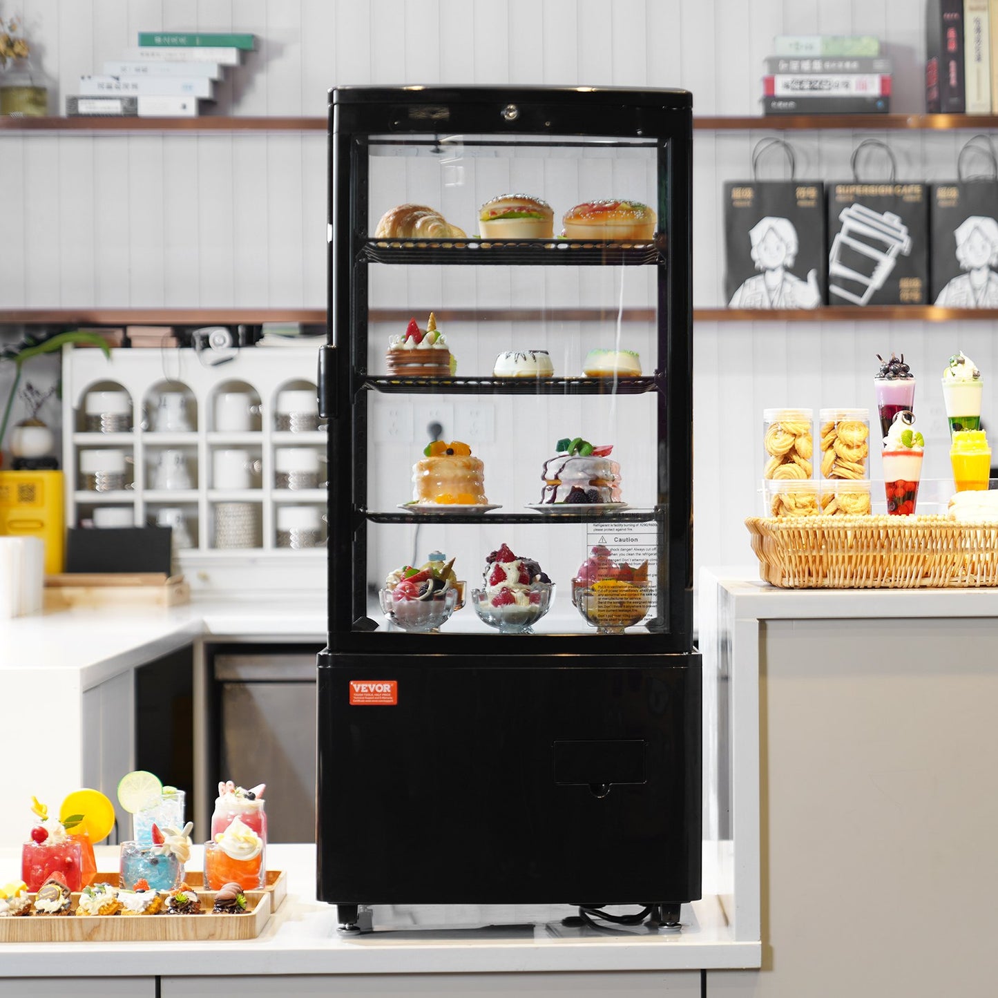 Refrigerated Display Case, 3 Cu.Ft/85L, 3-Tier, Countertop Pastry Display Case Commercial Display Refrigerator with LED Lighting, TURBO Cooling, Frost-Free Air-Cooling, Locked Door for Bakery