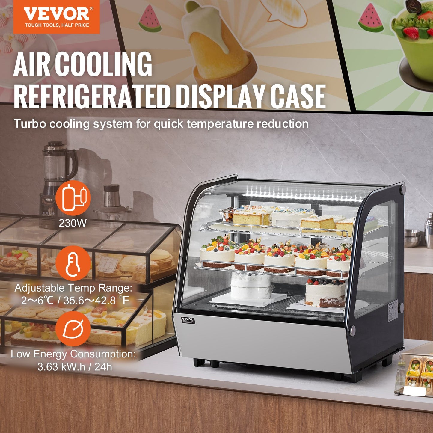 Refrigerated Display Case, 4.2 Cu.Ft./115L Countertop Pastry Display Case, 2-Tier Commercial Display Refrigerator with LED Lighting, TURBO Cooling, Frost-Free Air-Cooling, for Bakery