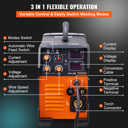 MIG Welder 200 Amp MIG TIG Arc Welder 3 in 1 Welder Welding Machine 220V TIG Welder Lift ARC Welder MMA Stick IGBT DC Inverter Welder Digital Display Combo Welding Machine
