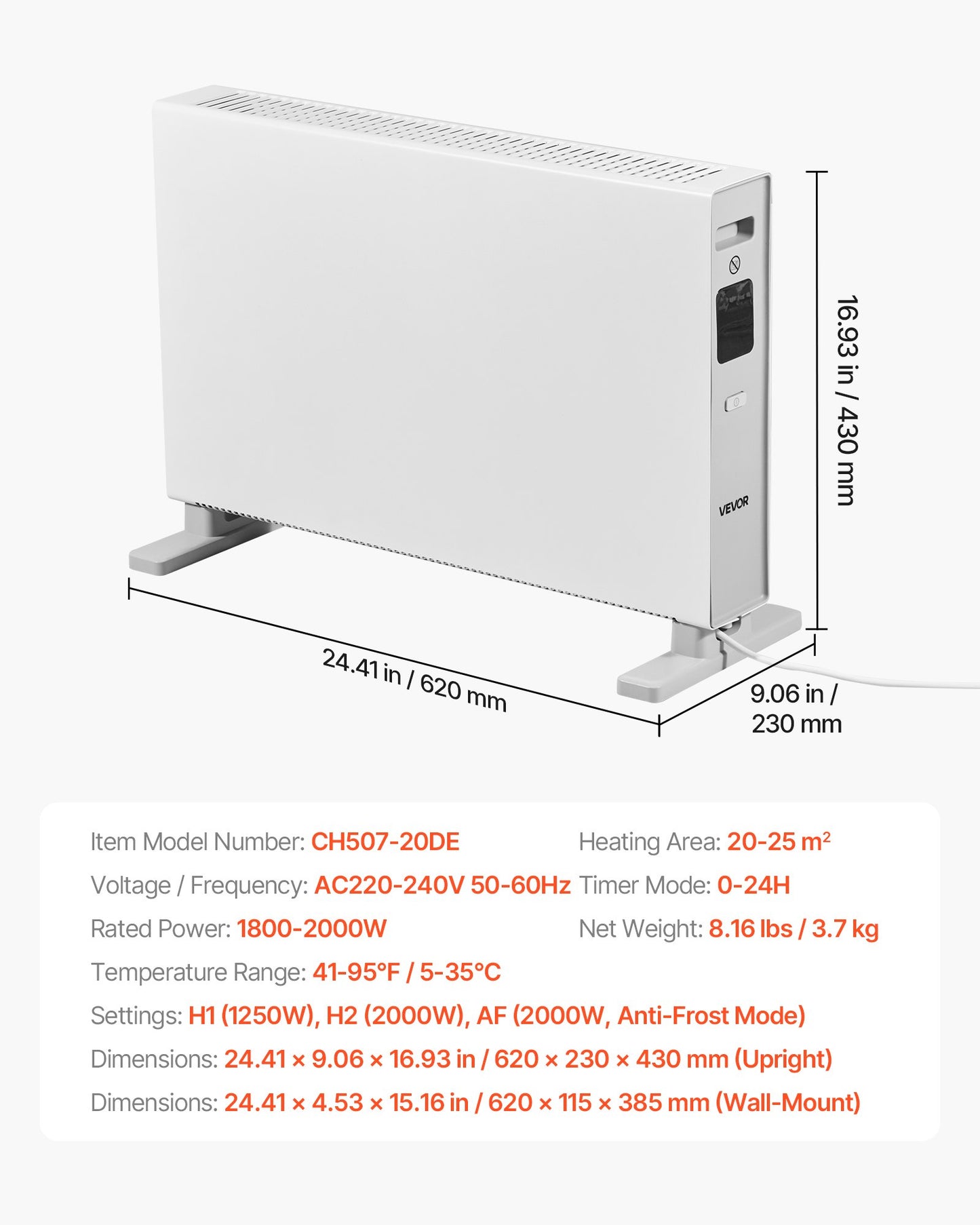 Convection Panel Heater, 2000W Electric Panel Space Heater with Remote & Touch Control, 3 Modes, 24H Timer, Stand or Wall Mount Design with Anti-Tipping & Overheat Protection for Home and Office