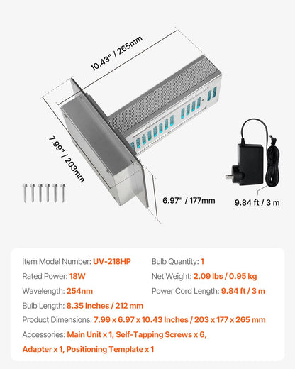 HVAC Air Purifier Whole House, 18W 9inch, Light in Duct for Ac (Air Conditioning) Duct, Air Scrubber with 2 Bulb, PCO Technology HVAC lights with Power Cord for Ac Systems