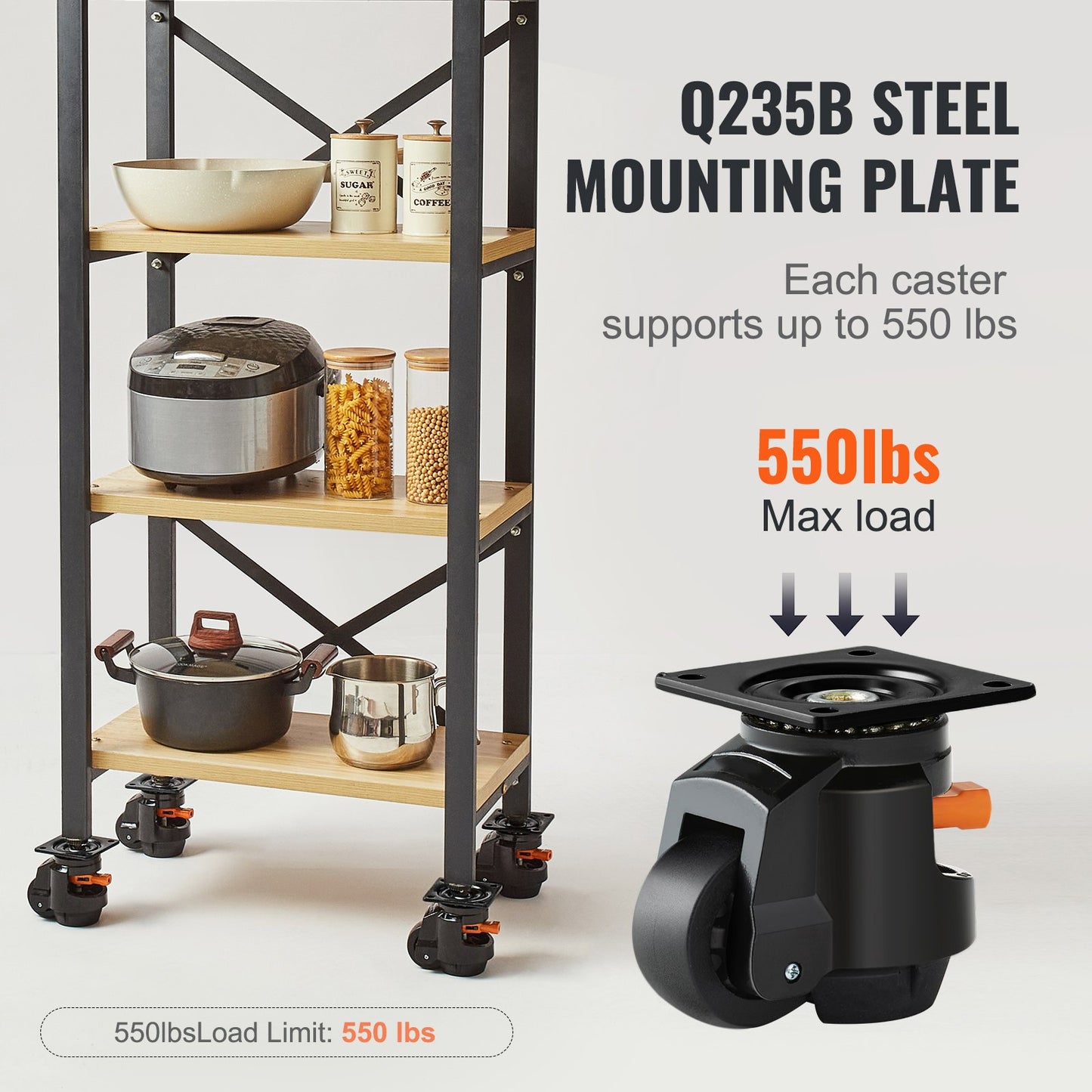 Nivellierrollen, Satz mit 1914 kg Gesamttragfähigkeit, 6,3 cm Durchmesser, robuste Ausführung mit verbessertem Griffdesign, 360°-Schwenkrollen, verstellbare Rollen mit Füßen für Werkbank und Maschine