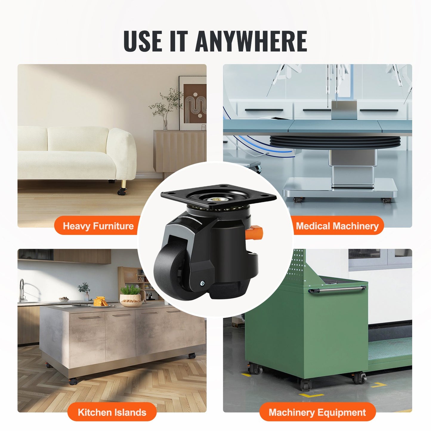 Nivellierrollen, Satz mit 1914 kg Gesamttragfähigkeit, 6,3 cm Durchmesser, robuste Ausführung mit verbessertem Griffdesign, 360°-Schwenkrollen, verstellbare Rollen mit Füßen für Werkbank und Maschine