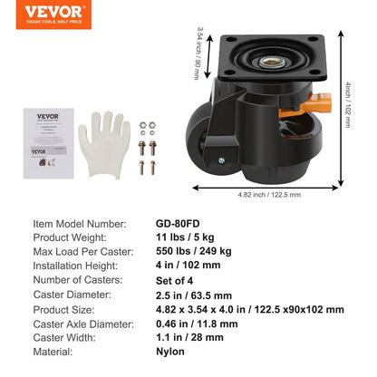 Nivellierrollen, Satz mit 1914 kg Gesamttragfähigkeit, 6,3 cm Durchmesser, robuste Ausführung mit verbessertem Griffdesign, 360°-Schwenkrollen, verstellbare Rollen mit Füßen für Werkbank und Maschine