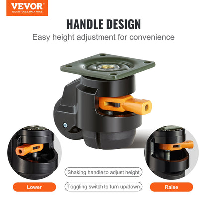 Leveling Casters, Set of 4, 499 kg Total Load Capacity, 5.1 cm, Heavy Duty with Upgraded Handle Design, 360 Degree Swivel Caster Wheels, Adjustable Casters with Feet for Workbench, Machine