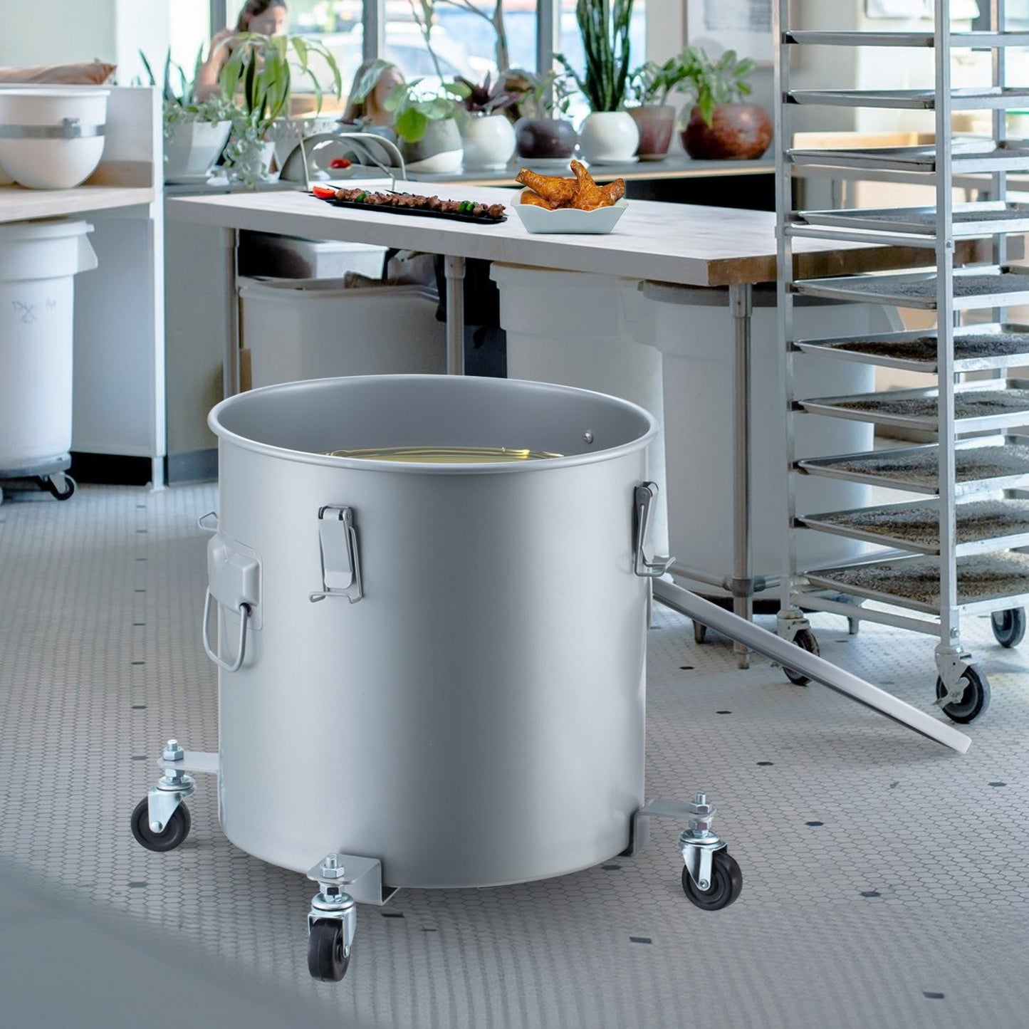 Frittierfett-Auffangbehälter, 8-Gallonen-Ölentsorgungswagen mit Rollen, Kohlenstoffstahl mit Rostschutzbeschichtung, Öltransportbehälter mit Deckel, Verschlussclips, Filterbeutel zum Filtern von heißem Speiseöl, Grau