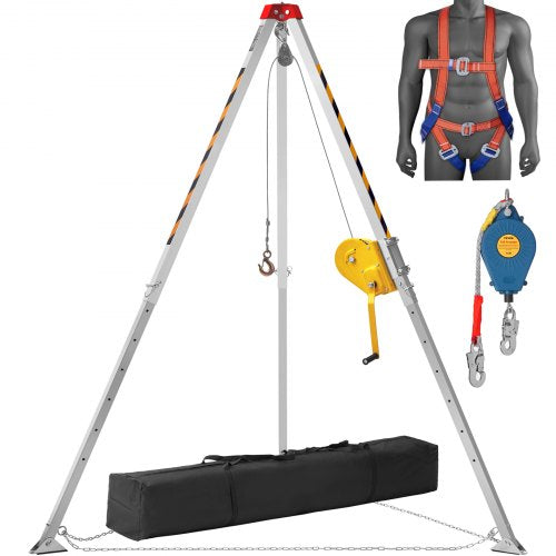 Confined Space Tripod Kit, 1179 kg Winch, Confined Space Tripod 2.43 m Legs and 30 m Cable, Confined Space Rescue Tripod 10 m Fall Protection, Harness, Storage Bag for Traditional Confined Spaces