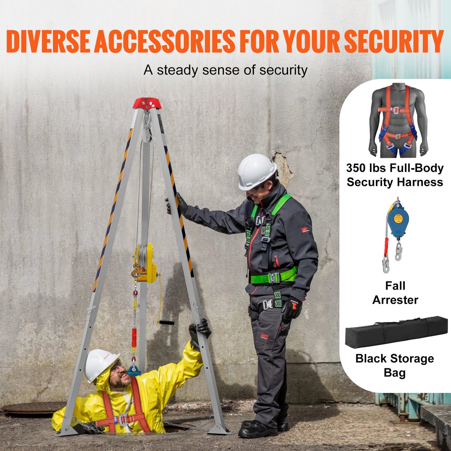 Confined Space Tripod Kit, 1179 kg Winch, Confined Space Tripod 2.43 m Legs and 30 m Cable, Confined Space Rescue Tripod 10 m Fall Protection, Harness, Storage Bag for Traditional Confined Spaces
