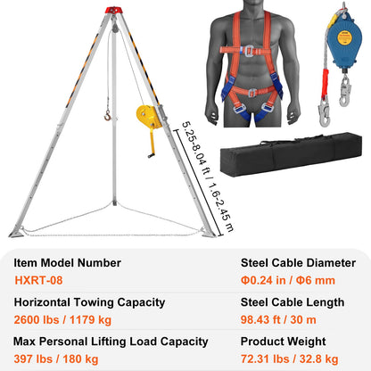 Confined Space Tripod Kit, 1179 kg Winch, Confined Space Tripod 2.43 m Legs and 30 m Cable, Confined Space Rescue Tripod 10 m Fall Protection, Harness, Storage Bag for Traditional Confined Spaces