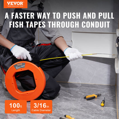 Fish Tape, 30.5m, 4.8mm, Fiberglass Wire Puller with Optimized Housing and Handle, Easy-to-Use Cable Puller Tool, Flexible Wire Fishing Tools for Wall and Electrical Conduit, Non-Conductive