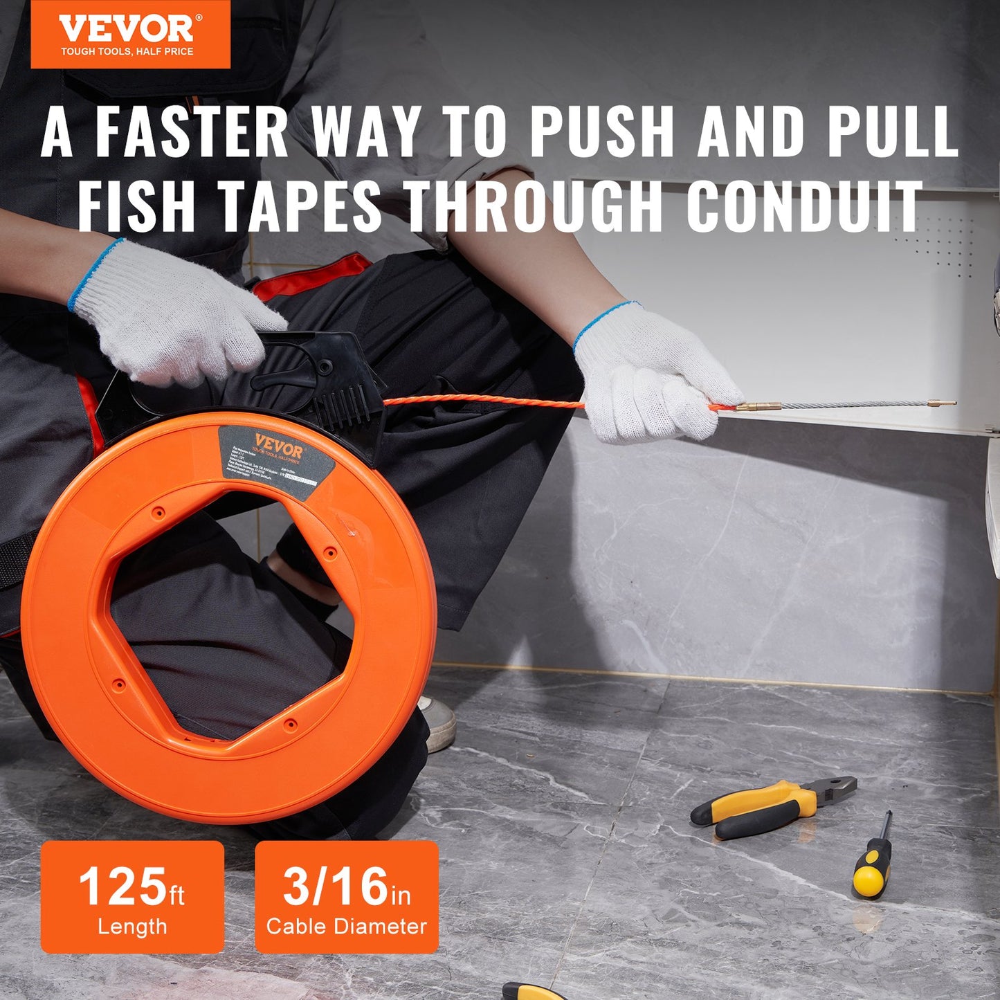 Fish Tape, 38.1m, 4.5mm, PET Wire Puller with Optimized Housing and Handle, Easy-to-Use Cable Puller Tool, Flexible Wire Fishing Tools for Walls and Electrical Conduit, Non-Conductive
