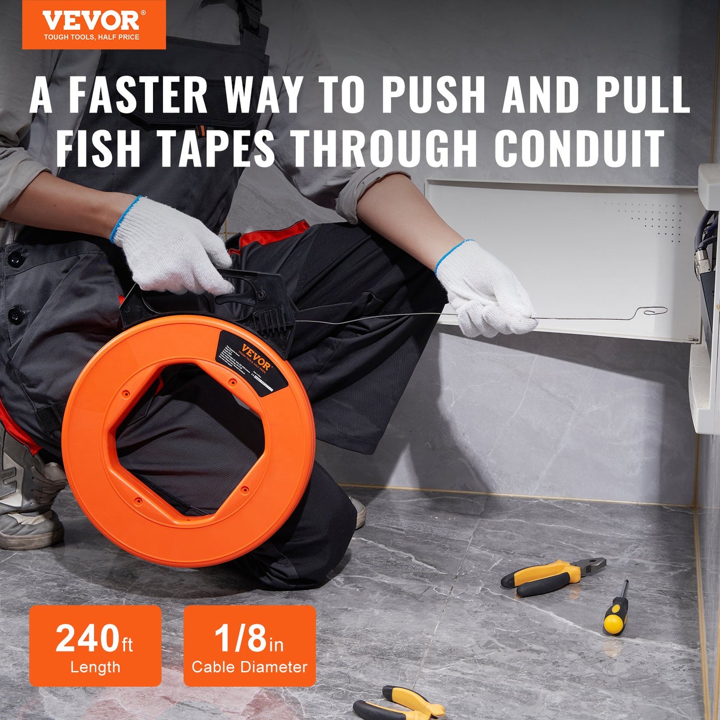 Fish Tape, 73.2m 3mm (240-foot, 1/8-inch), Steel Wire Puller with Optimized Housing and Handle, Easy-to-Use Cable Puller Tool, Flexible Wire Fishing Tools for Walls and Electrical Conduit, Non-Conductive