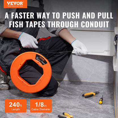 Fish Tape, 73.2m 3mm (240-foot, 1/8-inch), Steel Wire Puller with Optimized Housing and Handle, Easy-to-Use Cable Puller Tool, Flexible Wire Fishing Tools for Walls and Electrical Conduit, Non-Conductive