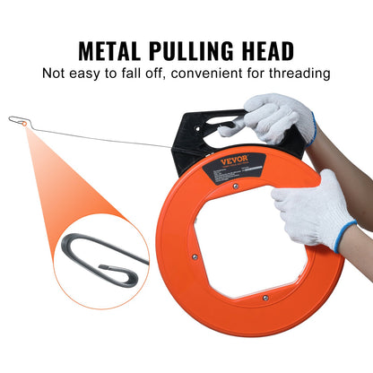Fish Tape, 73.2m 3mm (240-foot, 1/8-inch), Steel Wire Puller with Optimized Housing and Handle, Easy-to-Use Cable Puller Tool, Flexible Wire Fishing Tools for Walls and Electrical Conduit, Non-Conductive