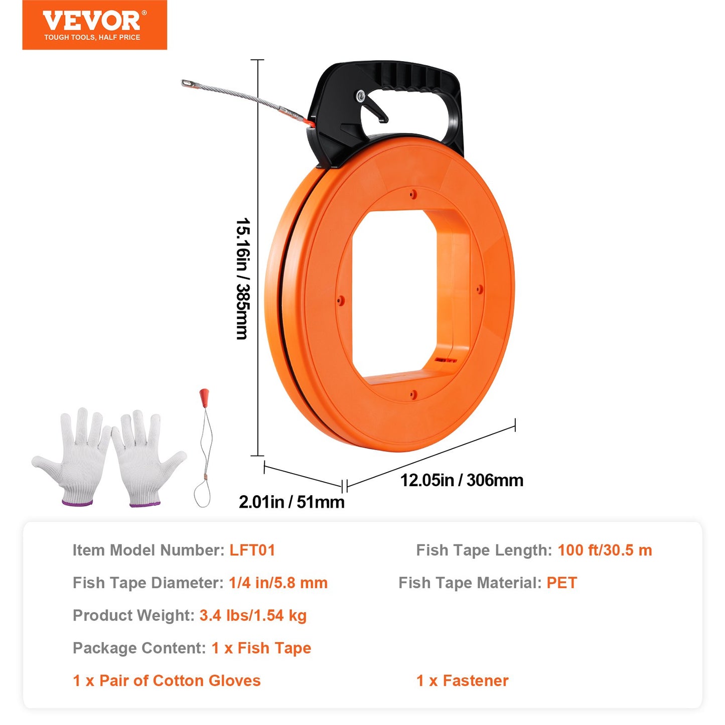 Fish Tape Wire Cable Line Puller 30.5 m, 6.35 mm(100-foot, 1/4-inch) PET with High Plastic Case