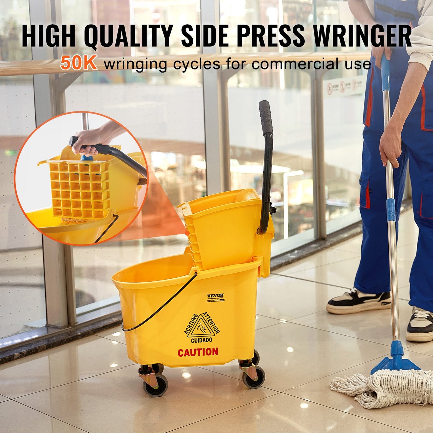 Wischmoppeimer mit Auswringer, 26 Qt. Gewerblicher Wischmoppeimer mit seitlichem Auswringer, Kombi-Wischmoppeimer mit Auswringer auf Rollen, für die professionelle/industrielle/gewerbliche Bodenreinigung, Gelb